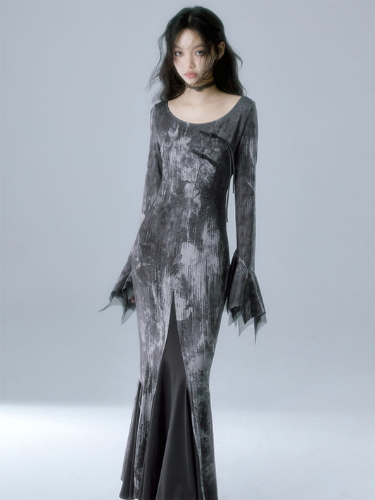 Chinese Style Flower Shadow Print Long Sleeve Mermaid Dress【s0000004385】