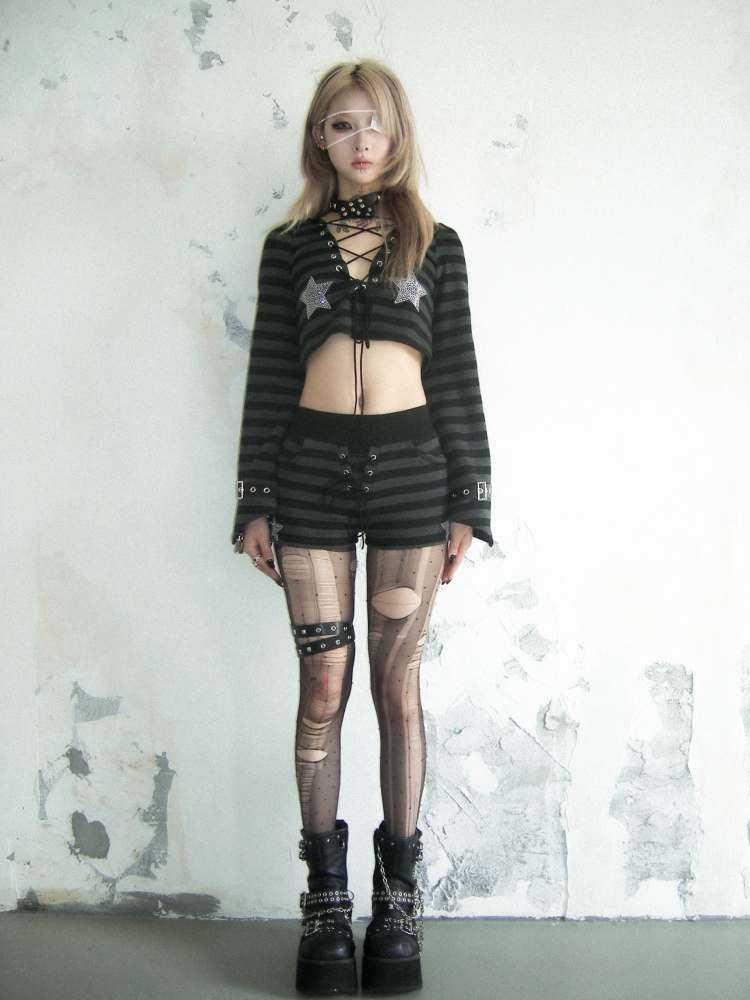 Cat Ears Border Lace Up Hoodie &amp; Short Pants【s0000007895】