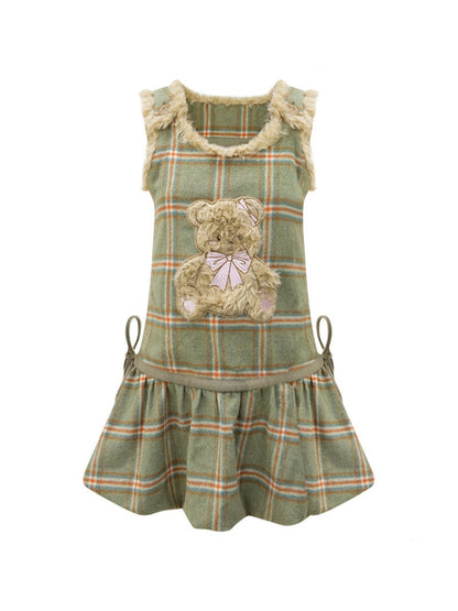Plaid Plush Bear Pocket Hem Vest Dress【s0000015257】