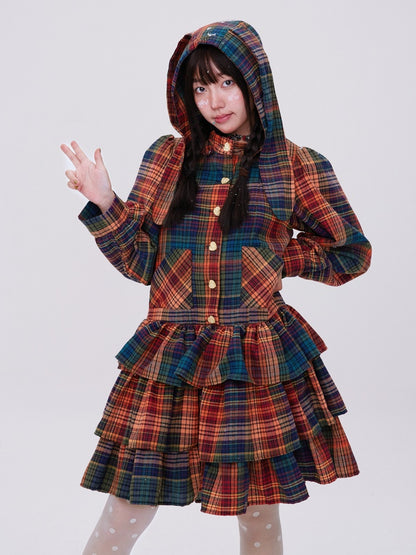 Retro Cute Fluffy Cake Rabbit Ear Plaid Dress【s0000003184】