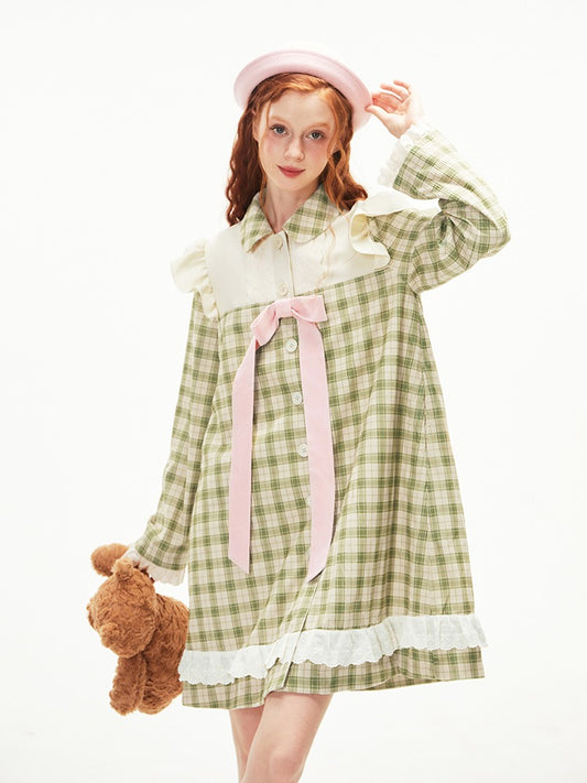 French Sweet Splicing Plaid Shirt Dress【s0000003550】