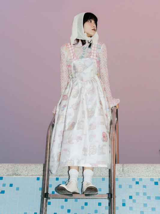 Cartoon Print Sheer Wave Suspender Dress【s0000007757】