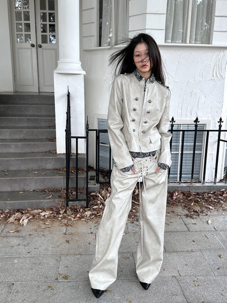 Leopard Pattern Splicing Leather Jacket & Wide Pants【s0000004172】