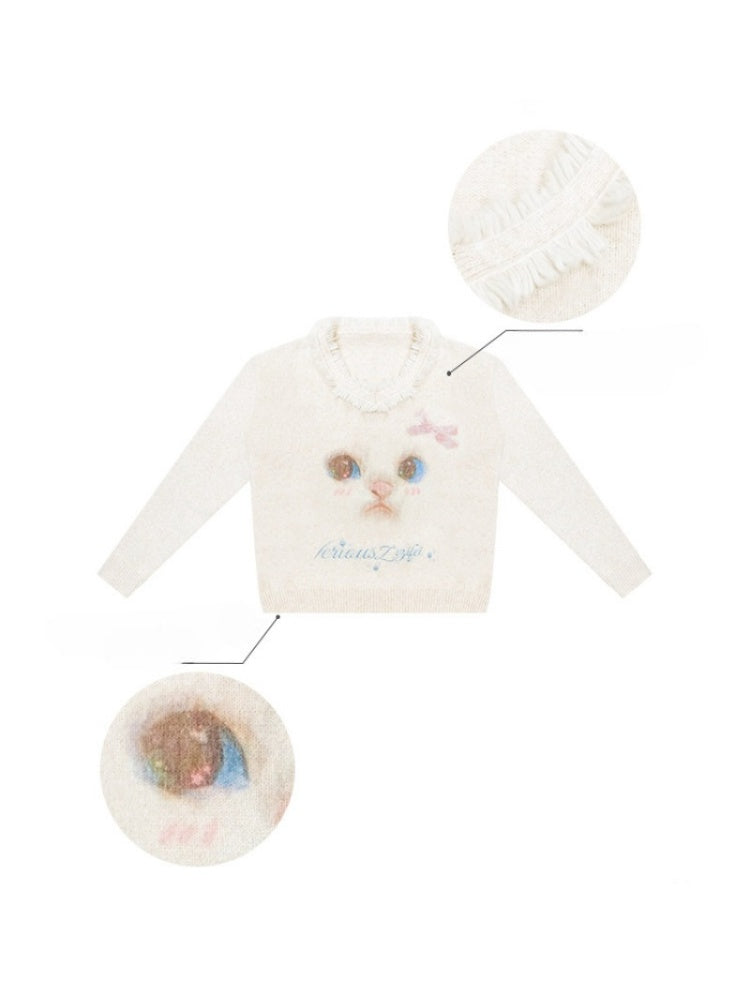 Cat Pattern Plush Collar Lazy Style Soft Waxy Sweater【s0000015261】