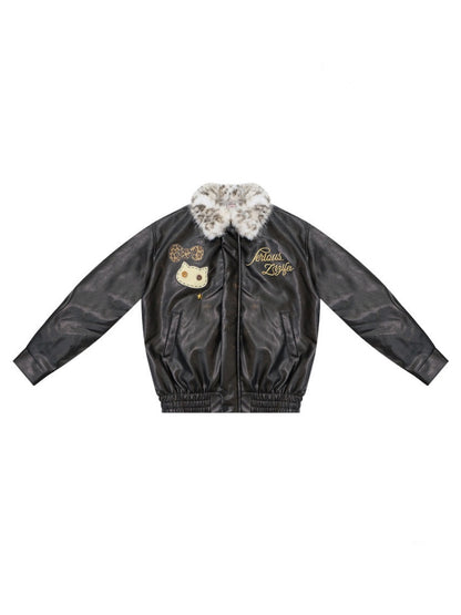 Fur Collar Thickened Leopard Print Plush PU Leather Jacket【s0000015259】