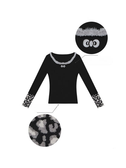 Leopard Print Cuff Long Sleeve T-Shirt Slimming Crew Neck Knitted Base Shirt【s0000015263】