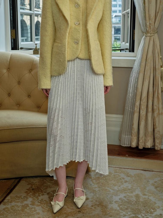 Skeleton Knit Pleated Irregular White Half-body Skirt 【s0000005413】