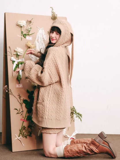 Fluffy Rabbit Ears Hooded Knit Cardigan Set 【s0000004447】