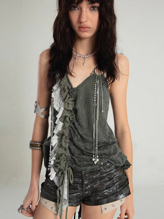 Spliced Ruffle Lace Dark Jacquard Camisole Tank Top【s0000008477】