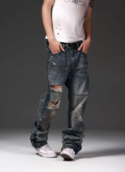 Rust Blue Oil Stained Flared Jeans【s0000018299】