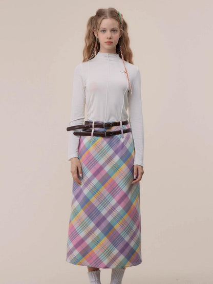 ziziFei Autumn/Winter New Beauty Ceremony Old High Waist Chest Powder Purple Grating Medium Long Lattice Half Body Dress