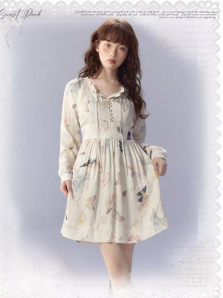 Butterfly Print Long Sleeve Dress【s0000003354】