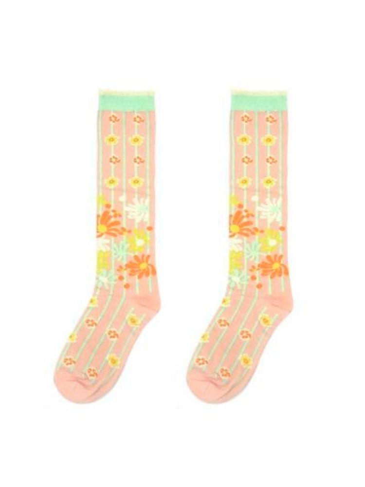 Orange Pink Striped Flower Socks【s0000003291】