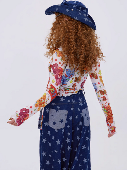 Retro Cute Y2K Star Pattern Wide Leg Loose Mop Jeans Pants [s0000003179]