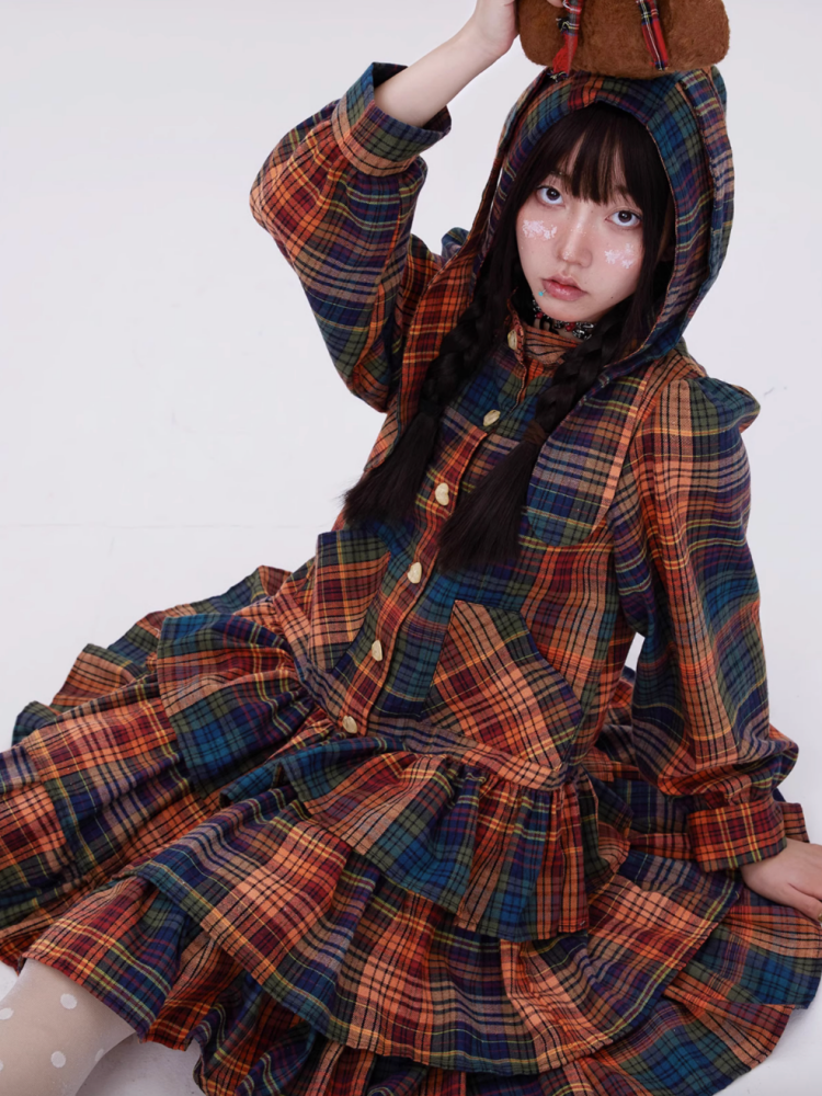 Retro Cute Fluffy Cake Rabbit Ear Plaid Dress【s0000003184】