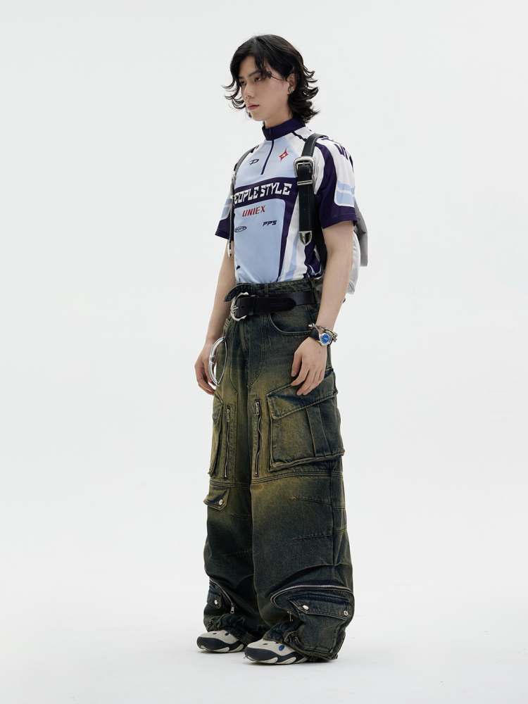 Multi Pocket Wide Leg Washed Denim Jeans【s0000006749】