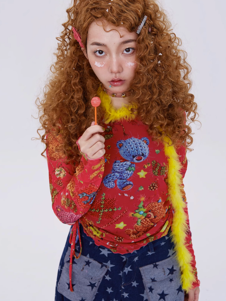 Retro Cute Bear Y2K Mesh Long Sleeve T-Shirt [s0000003180]