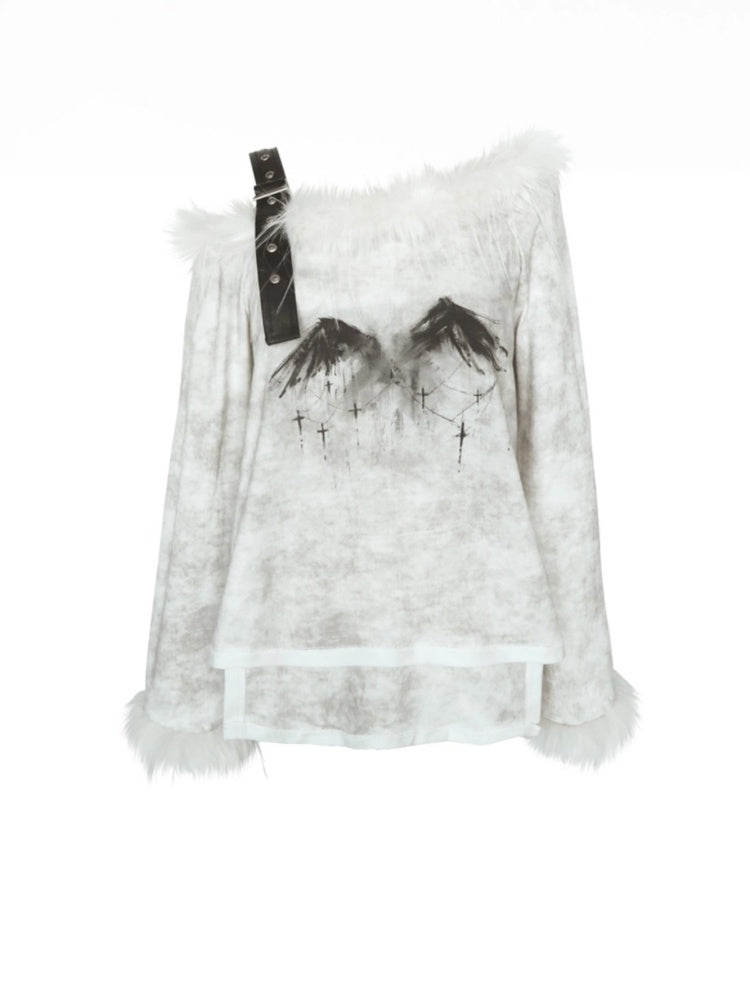 Punk Fur Suspender Belt Off Shoulder Feather Print T-Shirt【s0000003877】