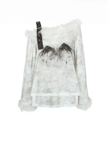 Punk Fur Suspender Belt Off Shoulder Feather Print T-Shirt [s0000003877]