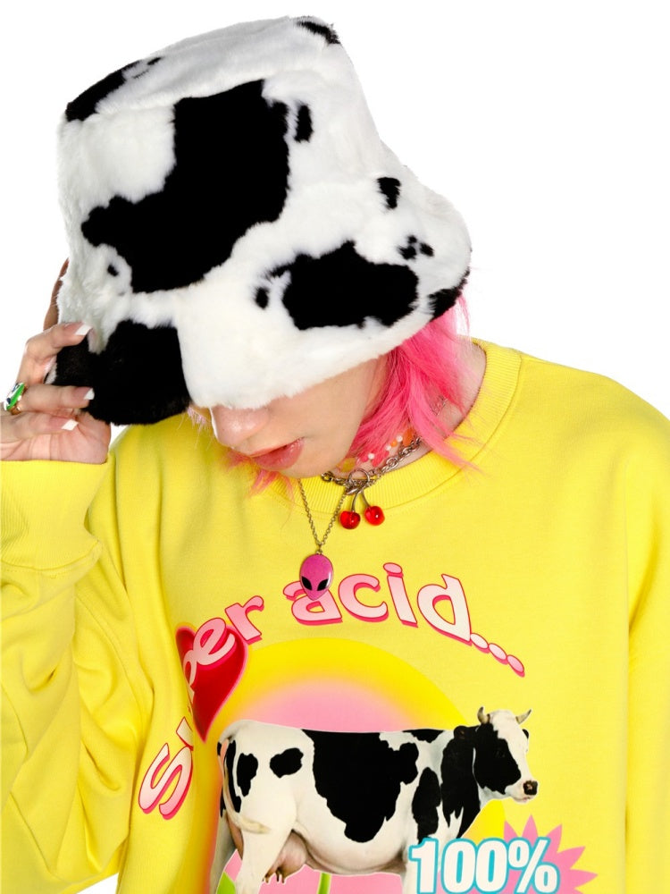 Y2K American Retro Super Acid Milk Print Loose Sweat & Cow Hat【s0000003887】