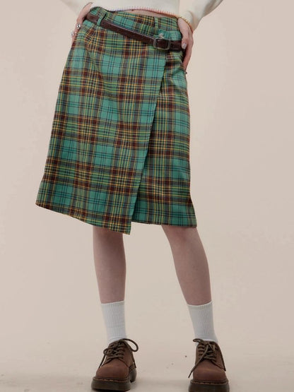 High waist slim green plaid skirt【s0000003118】