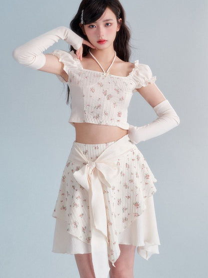 Retro Cream Floral Top / Bow Knot Skirt Set [s0000002006]