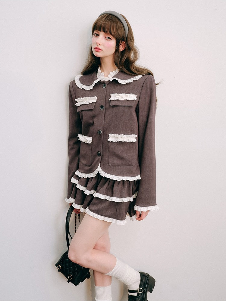 Lace Stitch College Taste Jacket &amp; Puffy Mini Skirt【s0000003853】