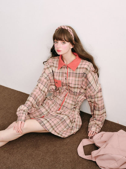 Loose Plaid Shirt & Pleated Mini Skirt【s0000003852】