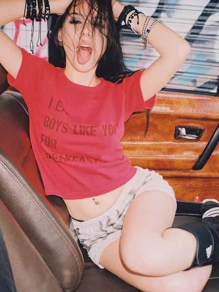 Printed Lettered Waistless Short Sleeve T-Shirt【s0000006688】