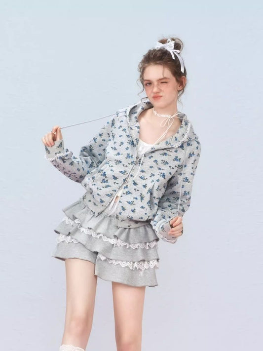 Floral Zipper Strapless Hooded Sweatshirt【s0000006314】