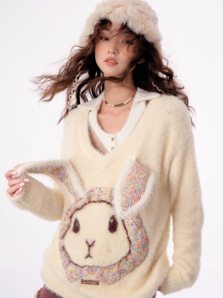 Rabbit V-neck sweater【s0000003796】