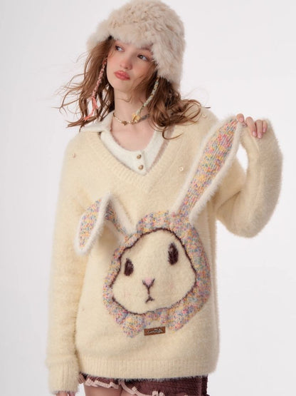 Rabbit V-neck sweater【s0000003796】