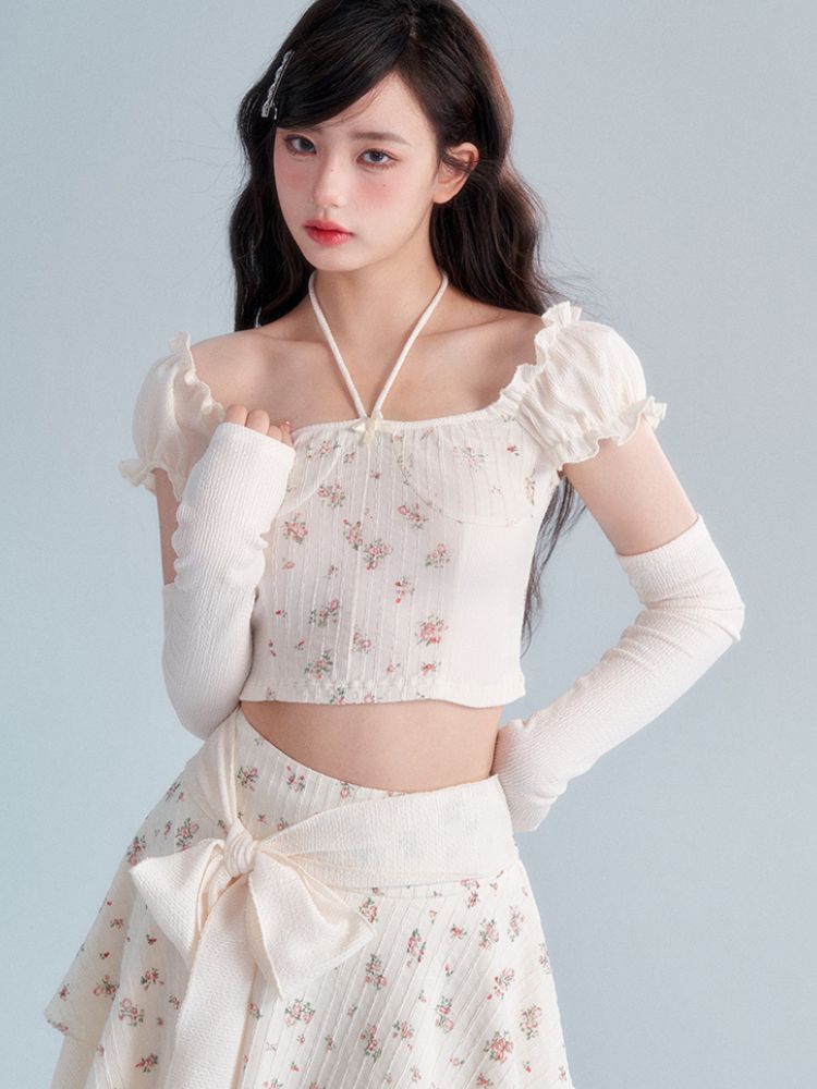 Retro Cream Floral Top / Bow Knot Skirt Set [s0000002006]