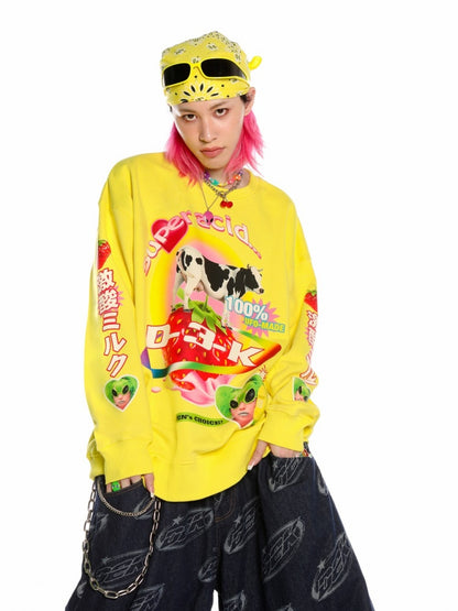 Y2K American Retro Super Acid Milk Print Loose Sweat & Cow Hat【s0000003887】