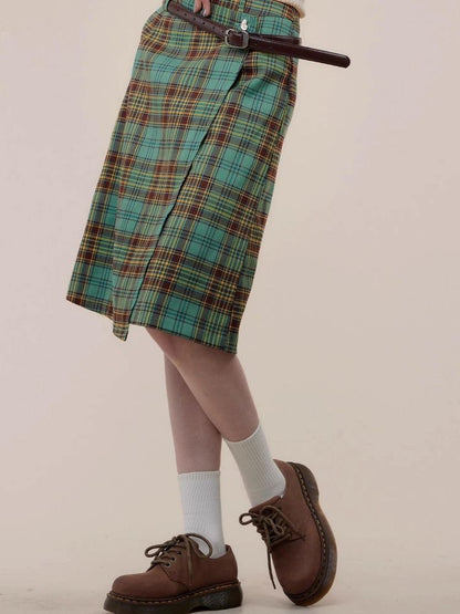 High waist slim green plaid skirt【s0000003118】