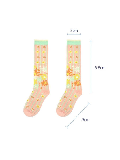 Orange Pink Striped Flower Socks【s0000003291】