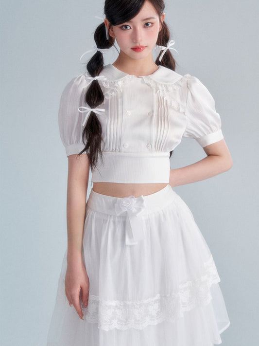 Doll Collar Short Sleeve Blouse / Tiered Long Skirt【s0000002004】