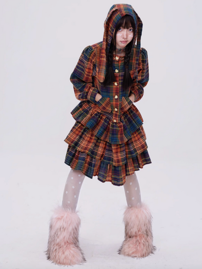 Retro Cute Fluffy Cake Rabbit Ear Plaid Dress【s0000003184】