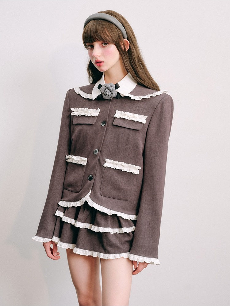 Lace Stitch College Taste Jacket &amp; Puffy Mini Skirt【s0000003853】