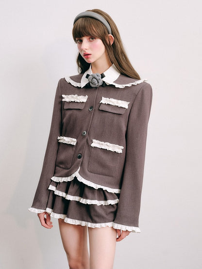 Lace Stitch College Taste Jacket &amp; Puffy Mini Skirt [s0000003853]