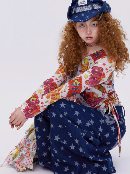 Retro Cute Y2K Star Pattern Wide Leg Loose Mop Jeans Pants [s0000003179]