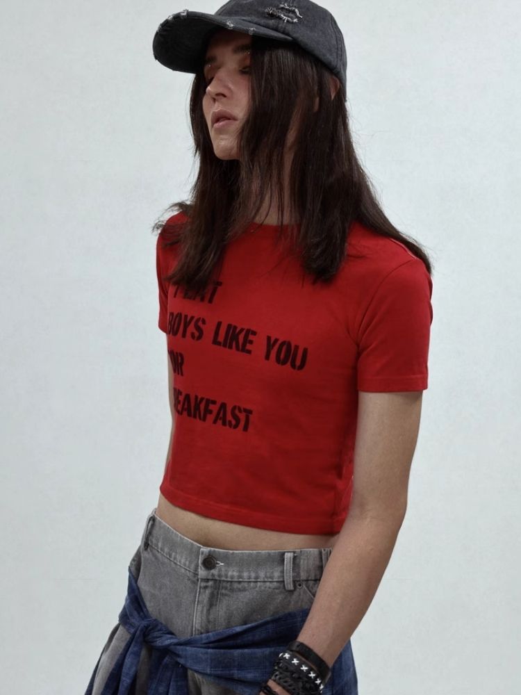 Printed Lettered Waistless Short Sleeve T-Shirt【s0000006688】