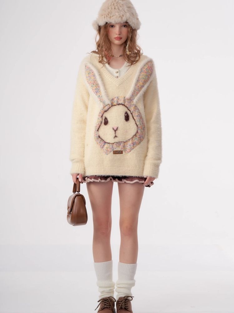 Rabbit V-neck sweater【s0000003796】