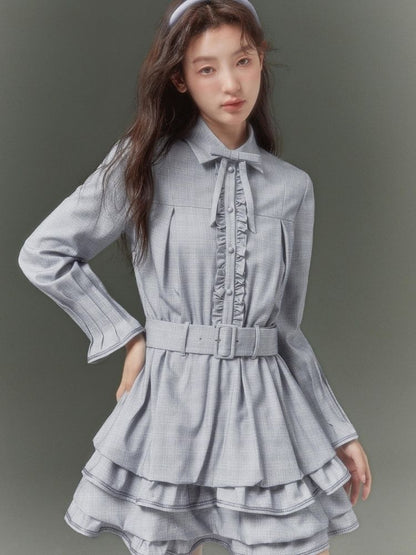 Plaid light blue bow girly dress【s0000003520】