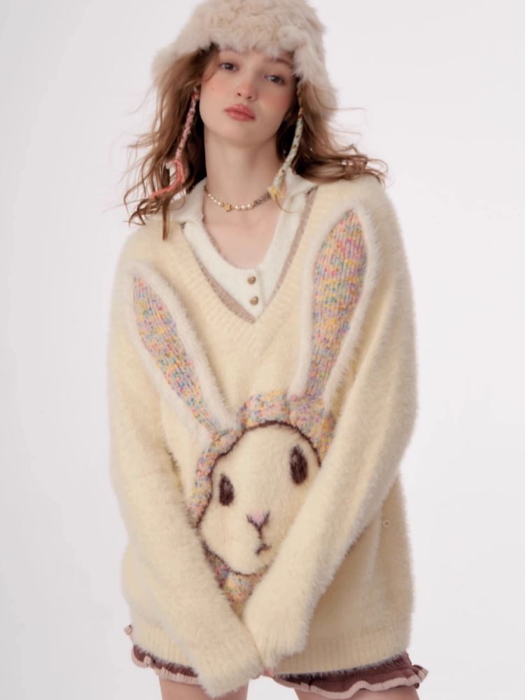 Rabbit V-neck sweater【s0000003796】