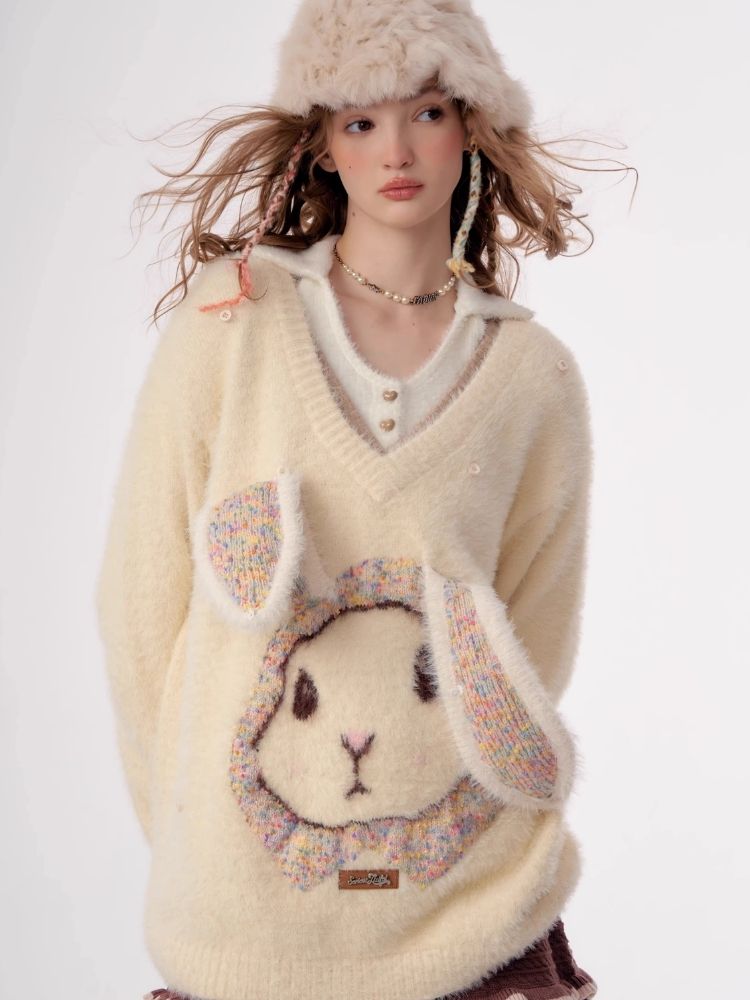 Rabbit V-neck sweater【s0000003796】