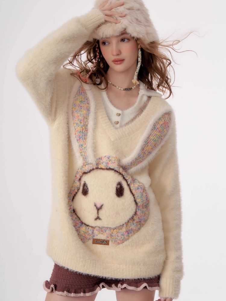 Rabbit V-neck sweater【s0000003796】