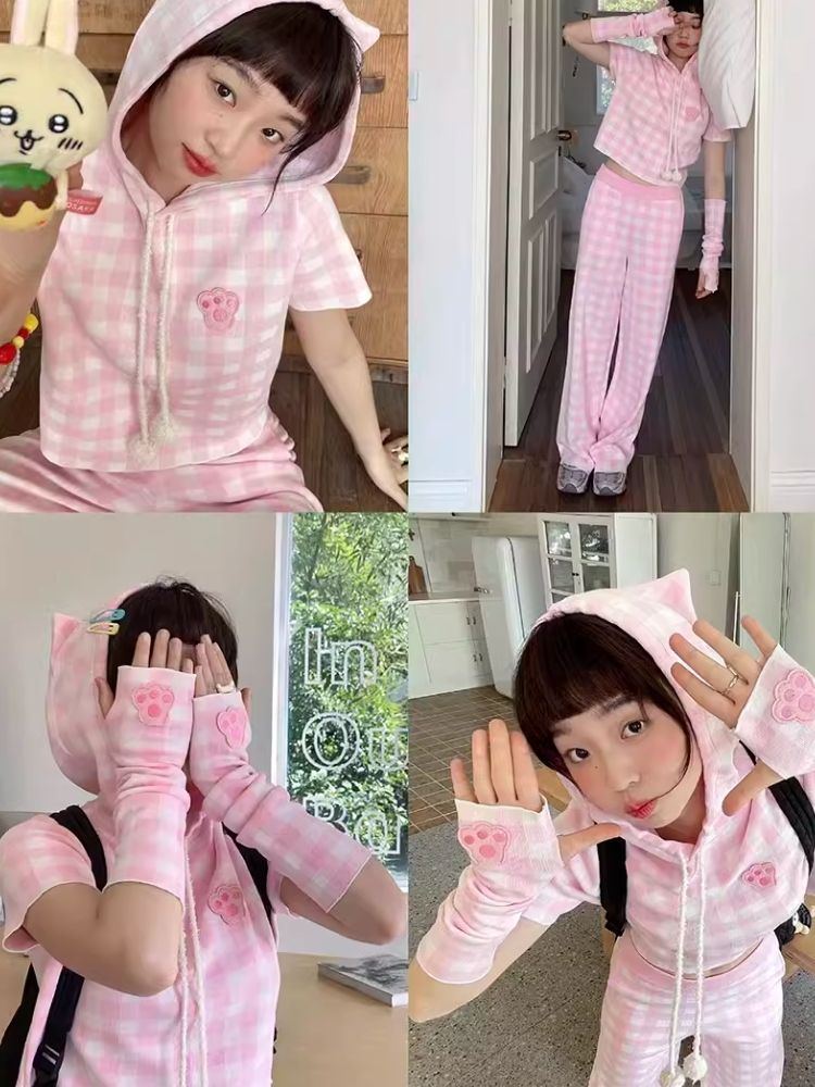 Cat Ears Hooded Short Sleeve Creamy Pink Plaid Knit Pants [s0000007708]