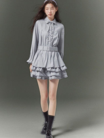 Plaid light blue bow girly dress【s0000003520】