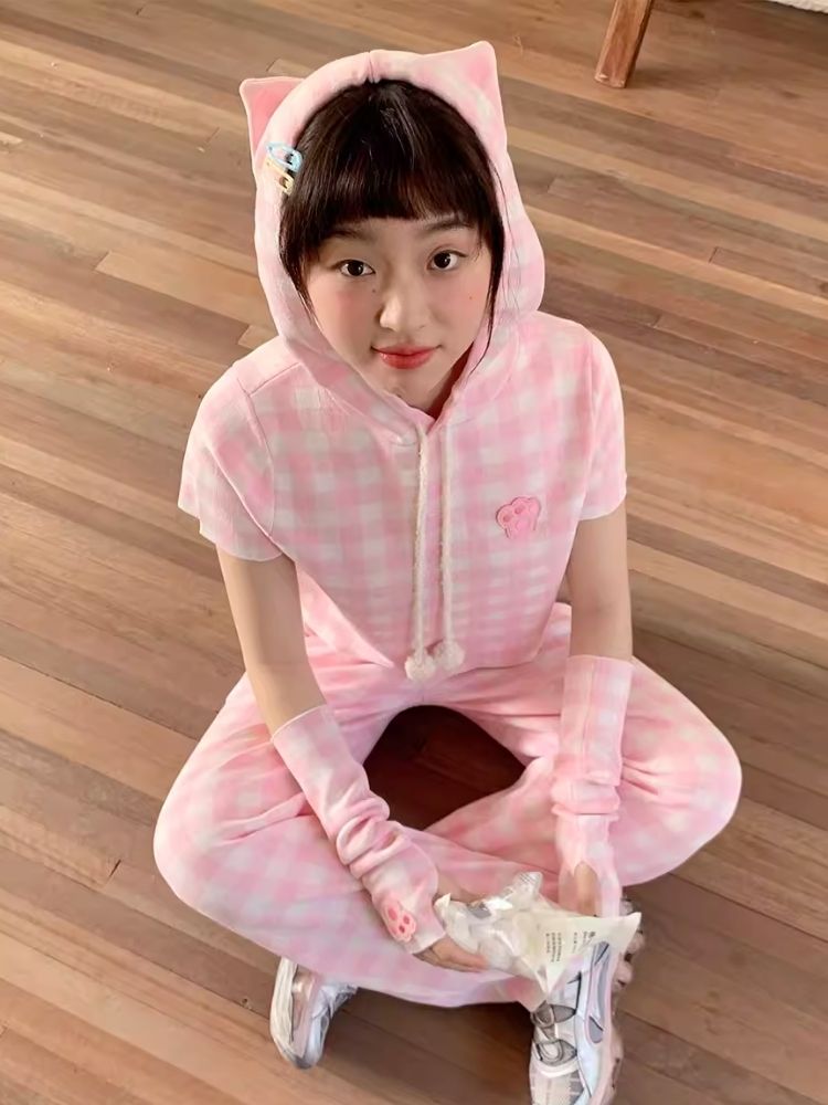 Cat Ears Hooded Short Sleeve Creamy Pink Plaid Knit Pants [s0000007708]